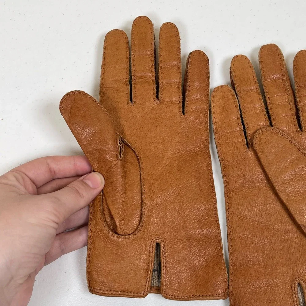 Vintage Daniel Hays Women Leather Gloves L Tan Lined Warm Winter Driving 60s 70s